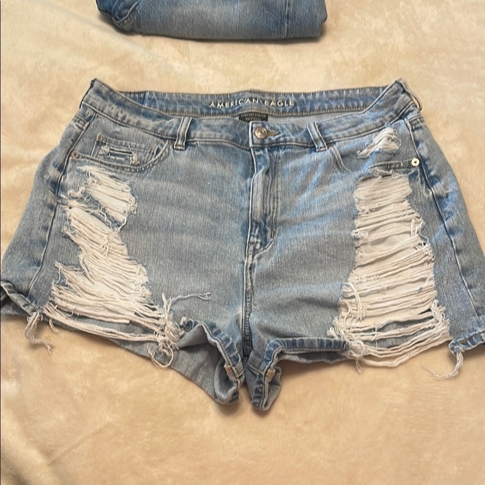 American Eagle Outfitters Blue Jean Shorts with Distressed Design
